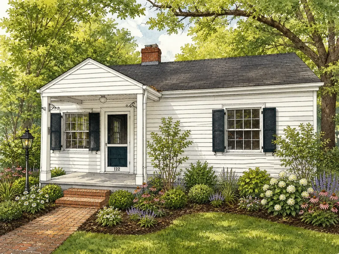 Watercolor of a white clapboard cottage with a covered porch
