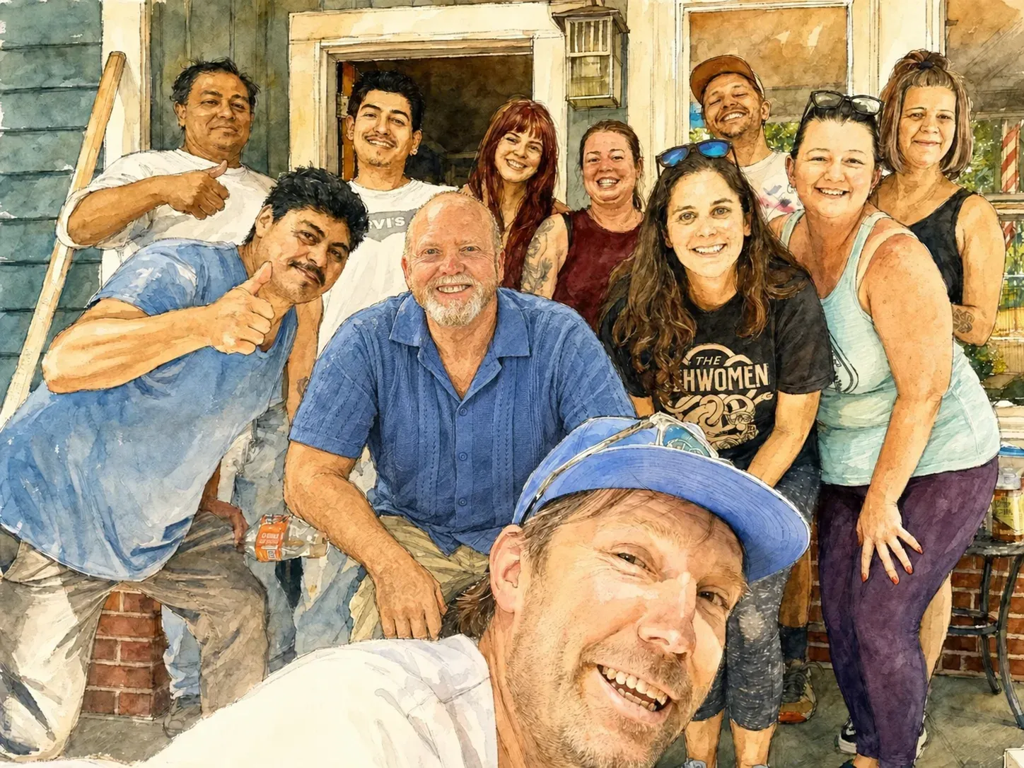 Watercolor portrait of the Mills Rentals crew on a porch
