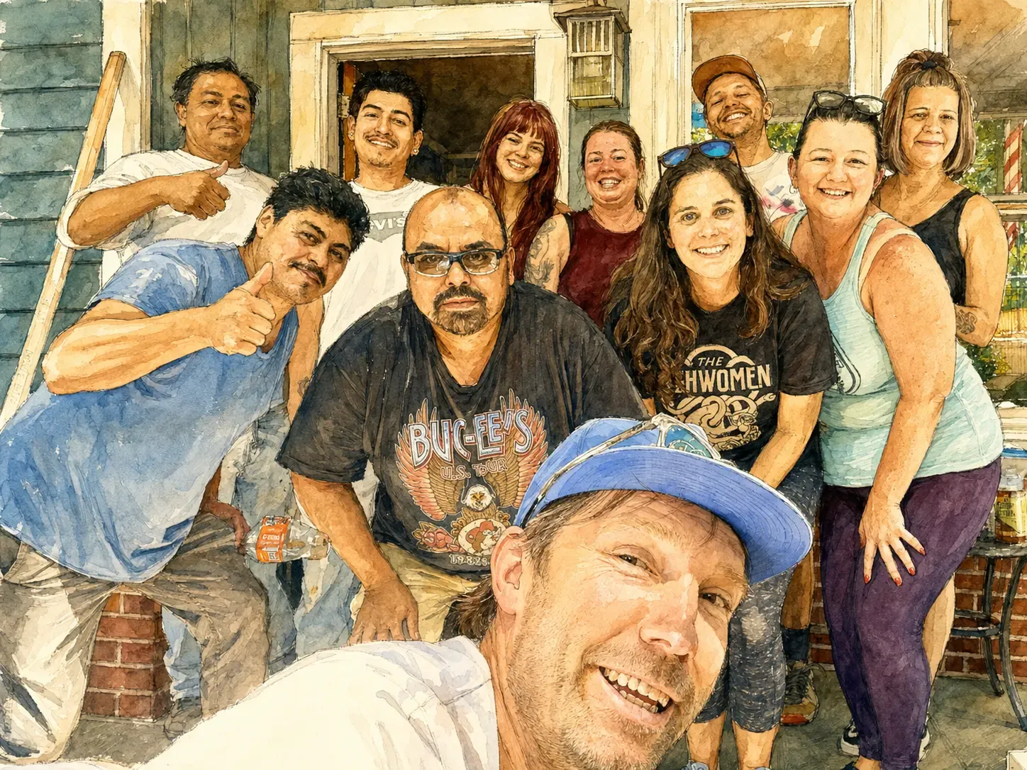 Watercolor portrait of the Mills Rentals crew on a porch